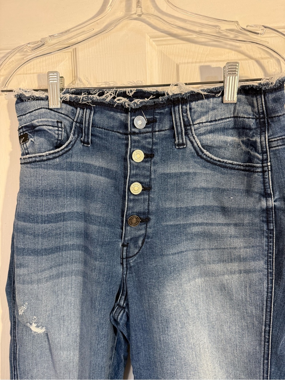 KanCan High-Rise Button-Fly Washed Blue Jeans with Frayed Waist & Ankles 11/29